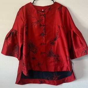 IC COLLECTION Red Satin Floral Mandarin-Collar Top